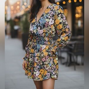 Anthropologie WAYF Womens Floral Long Sleeve Smocked Dress large Multicolor